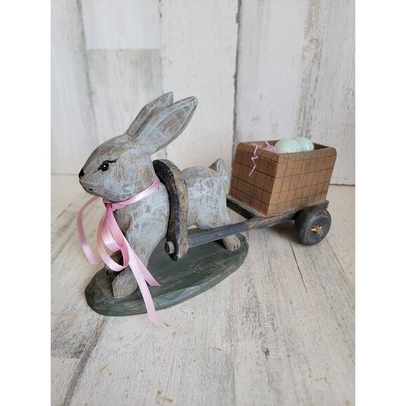 Unique wooden bunny Easter egg cart folk art vintage home decor - Picture 2 of 9